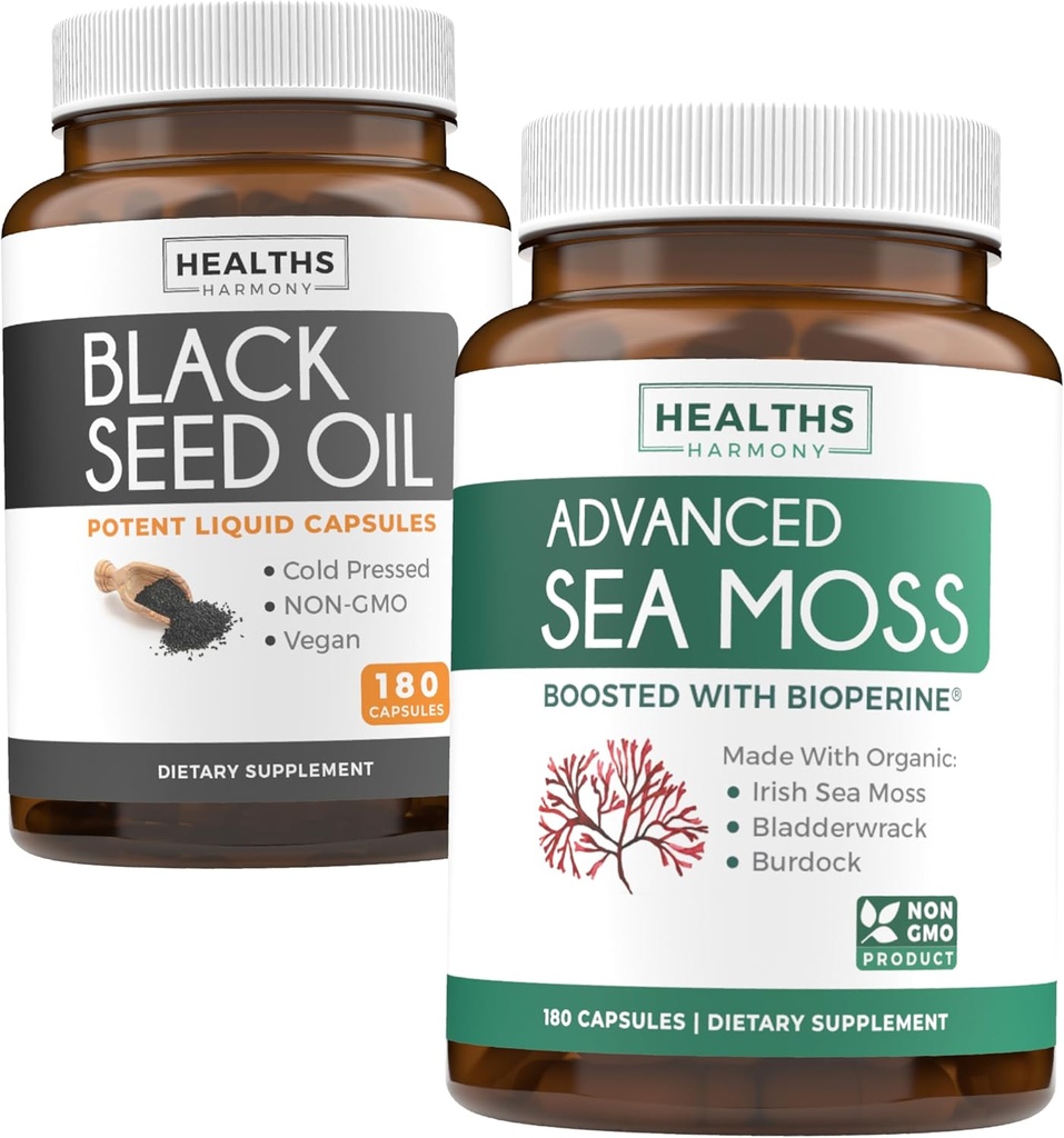 Black Seed Oil & Irish Sea Moss (3-måneders levering) - Power Duo Bundle of Black Seed Oil (180 kapsler) Cold- Pressed Nigella Sativa & Irish Sea Moss (180 kapsler) med Bioperine og Bladerwrack