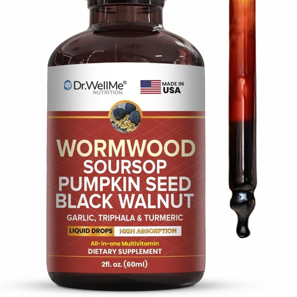 Dr.WellMe Wormwood Soursop Liquid Drops – 2 fl oz (60 ml) with Pumpkin Seeds, Black Walnut, Garlic, Triphala & Turmeric – Antioxidants & Natural Energy