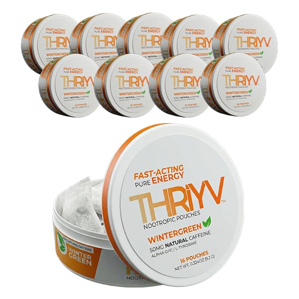 THRIYV Nootropic Energy Pouches, Wintergreen | 50mg Natural Caffeine, L-Theanine, Alpha GPC, L-Tyrosine | Sugar Free, Fast-Acting, 10 Cans, 16 Pouches Per Can
