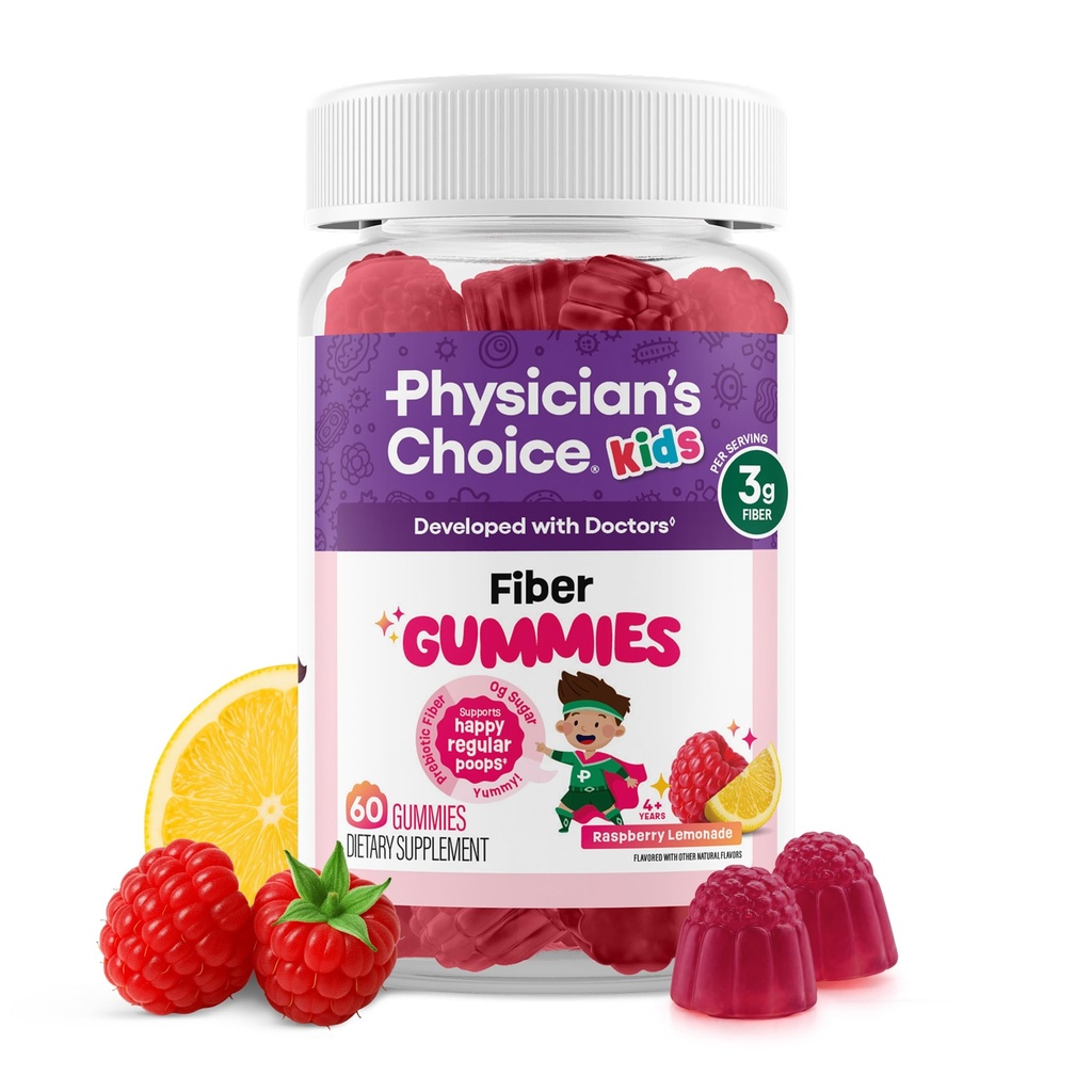 Physician's Choice Fiber Gummies for Kids - Supports Regularity, Occasional Constipation & Digestive Health - Sugar Free, Vegan, No Artificial Flavors - 3g Prebiotic Fiber - Raspberry Lemonade - 60 CT