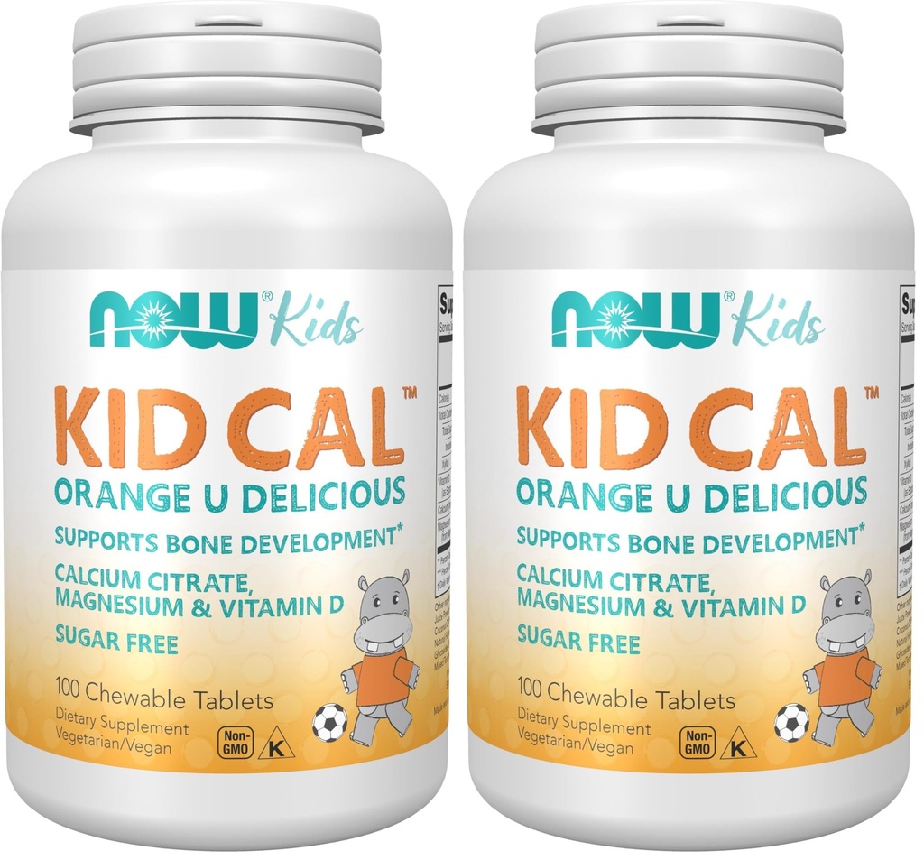 NU Kosttilskud, Kid Cal med Calcium Citrate, Magnesium og D-vitamin, Tart Orange, 100 tyggetabletter, Packaging May Vary (pakke med 2)