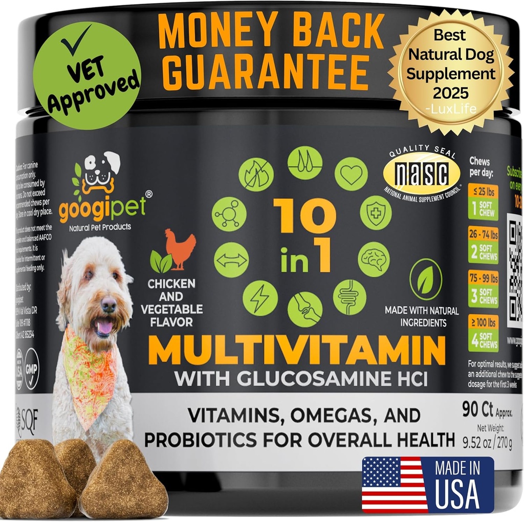 Gogipet Premium 10 i 1 Hund Vitamin Multivitamin Chewable med Probiotika til Gut Sundhed, Hund Vitamin og Kosttilskud w / C-vitamin & Glucosamin til fælles støtte (kylling & vegetabilsk smag)