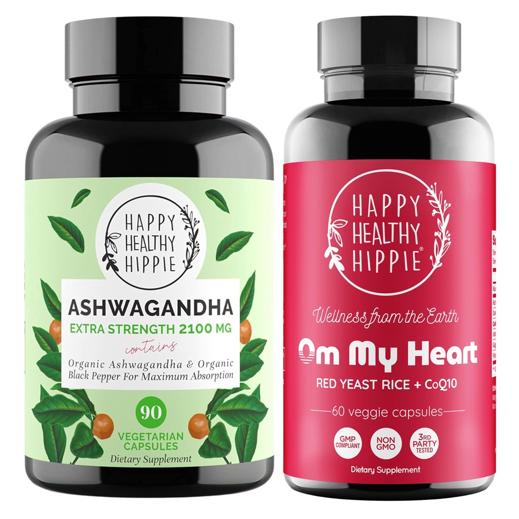 Happy Healthy Hippie Red Yeast Rice with CoQ10 Supplement & Organic Ashwagandha Capsules