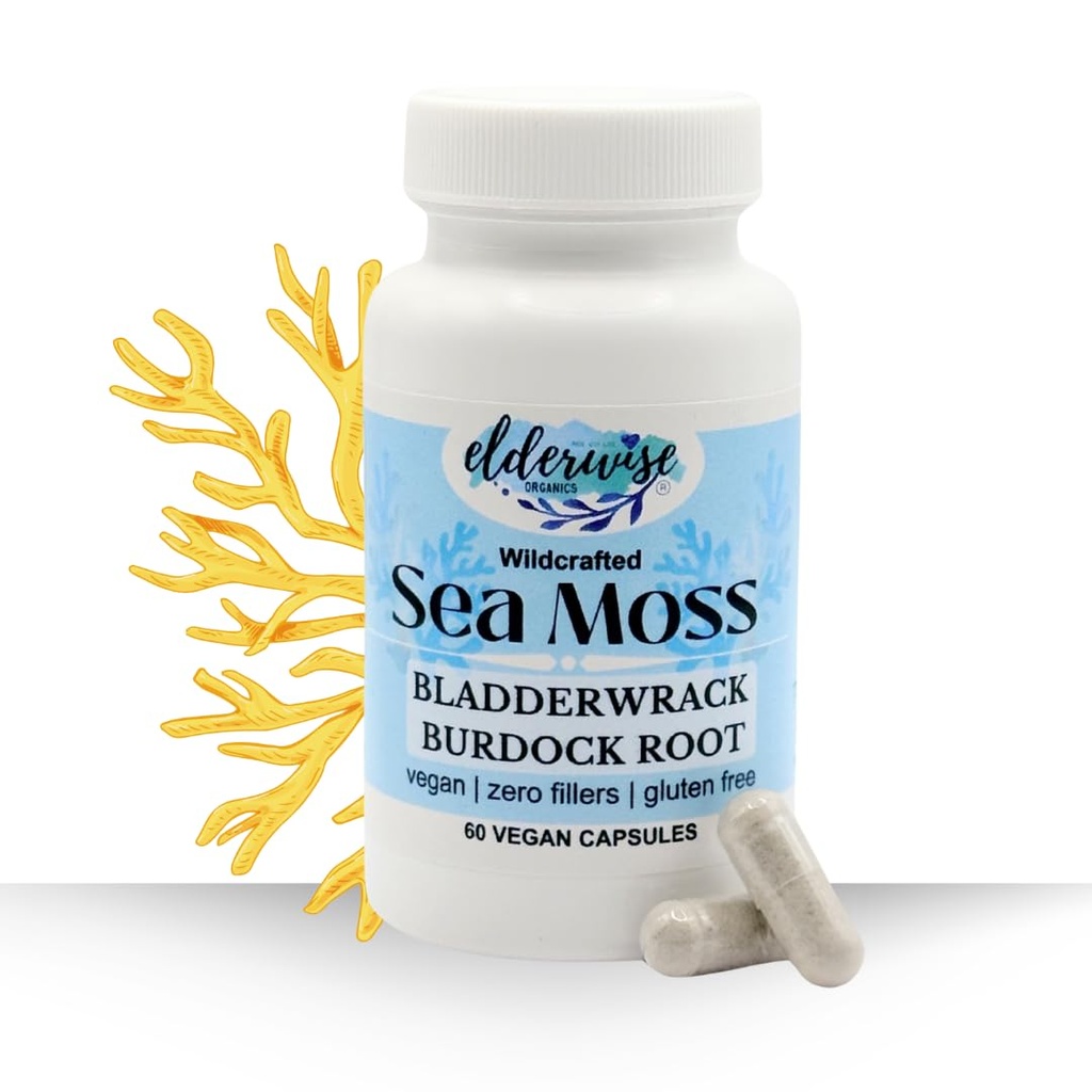 Elderwise Sea Moss Capsules - Sea Moss med Burdockroot & Bladderwrack - Superfood supplement - 60 Vegan Capsules - 30 dages forsyning - Dosering 2 om dagen - 1400 mg