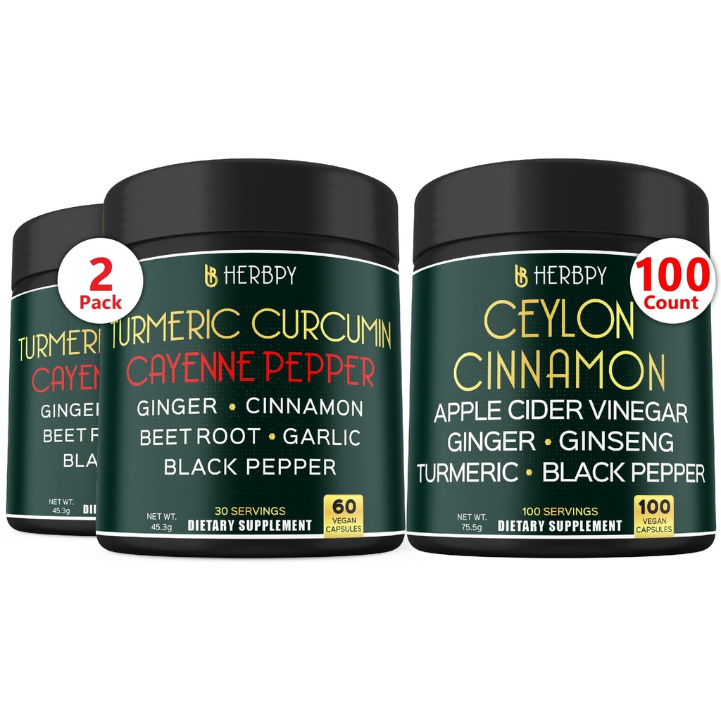 Herbpy Bundle 7in1 Turmeric Root 1510mg/serving (2pack60 for 60 Servings) & 6in1 Premium Ceylon Cinnamon Capsules 755mg/serving (100 Count 100 Servings)