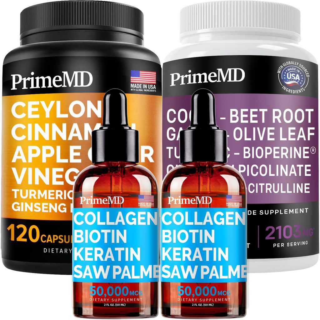 Ceylon Cinnamon (1pk), Liquid Collagen Biotin (2pk), Nitric Oxide (1pk) Supplement Bundle - Potent Vitamins for Heart, Hair, Skin, Nails, Metabolism, & Immune Support - Non-GMO, Vegan, Gluten-Free