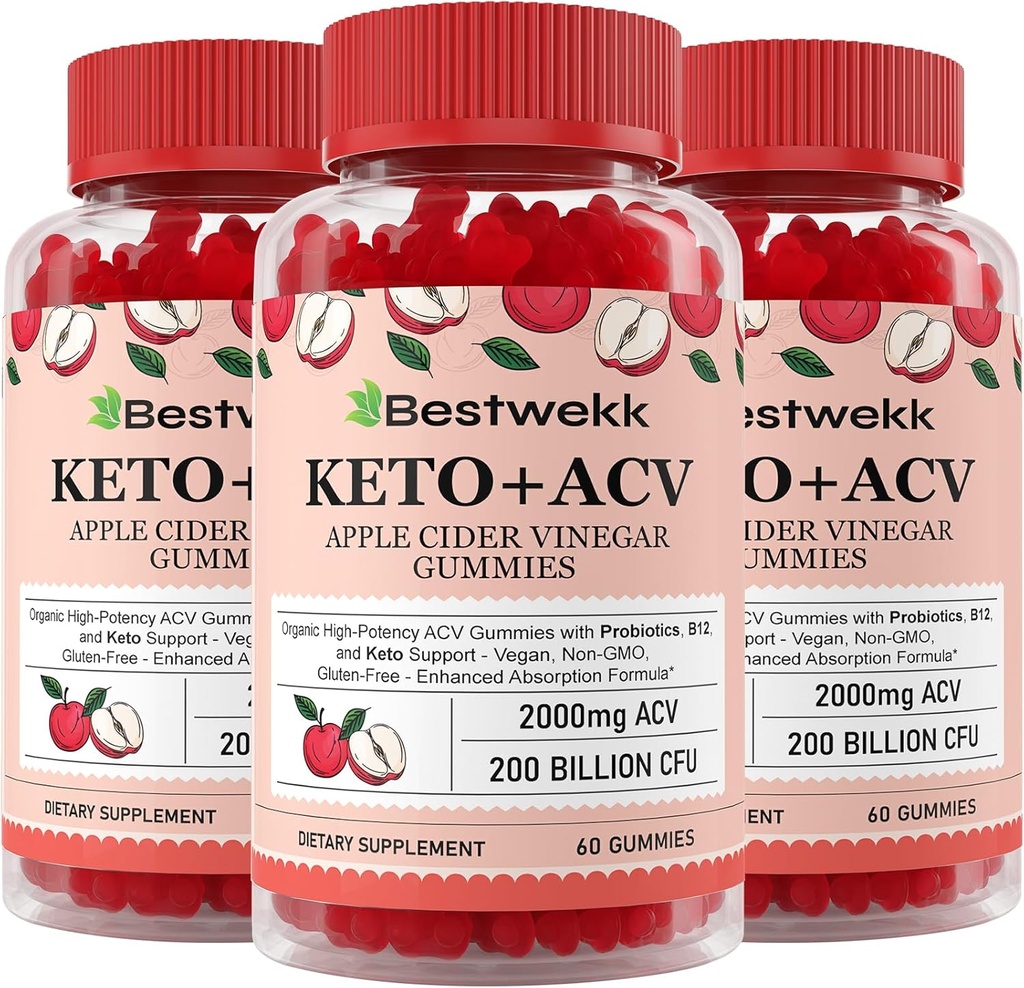 Apple Cider Vincious Gummies, Max Strength 2000mg ACV Gummy med Probiotika, B12 og Keto Support, Til fordøjelse, Metabolisme, Detox, Gut- og immunsundhed, Gelatin- Free, Non- GMO, 180 keto acv gummies