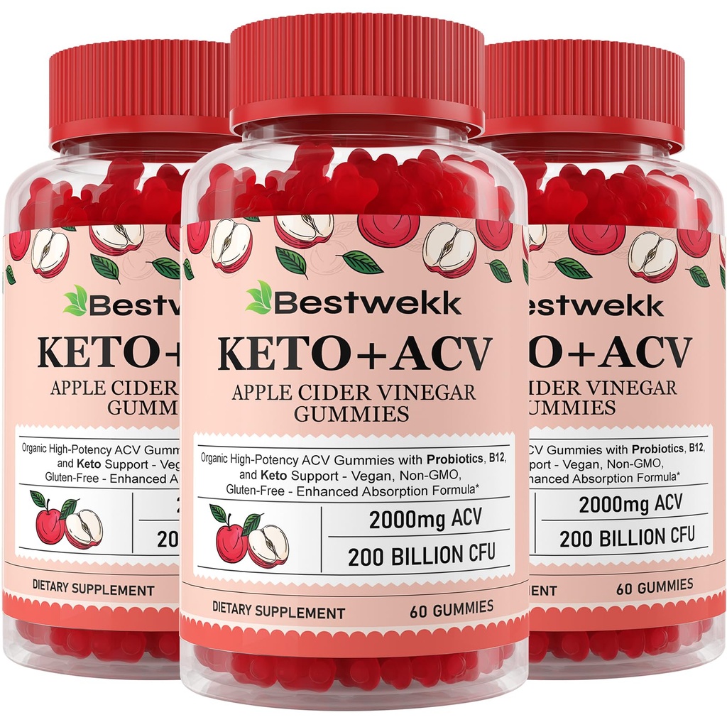 Apple Cider Vincious Gummies, Max Strength 2000mg ACV Gummy med Probiotika, B12 og Keto Support, Til fordøjelse, Metabolisme, Detox, Gut- og immunsundhed, Gelatin- Free, Non- GMO, 180 keto acv gummies