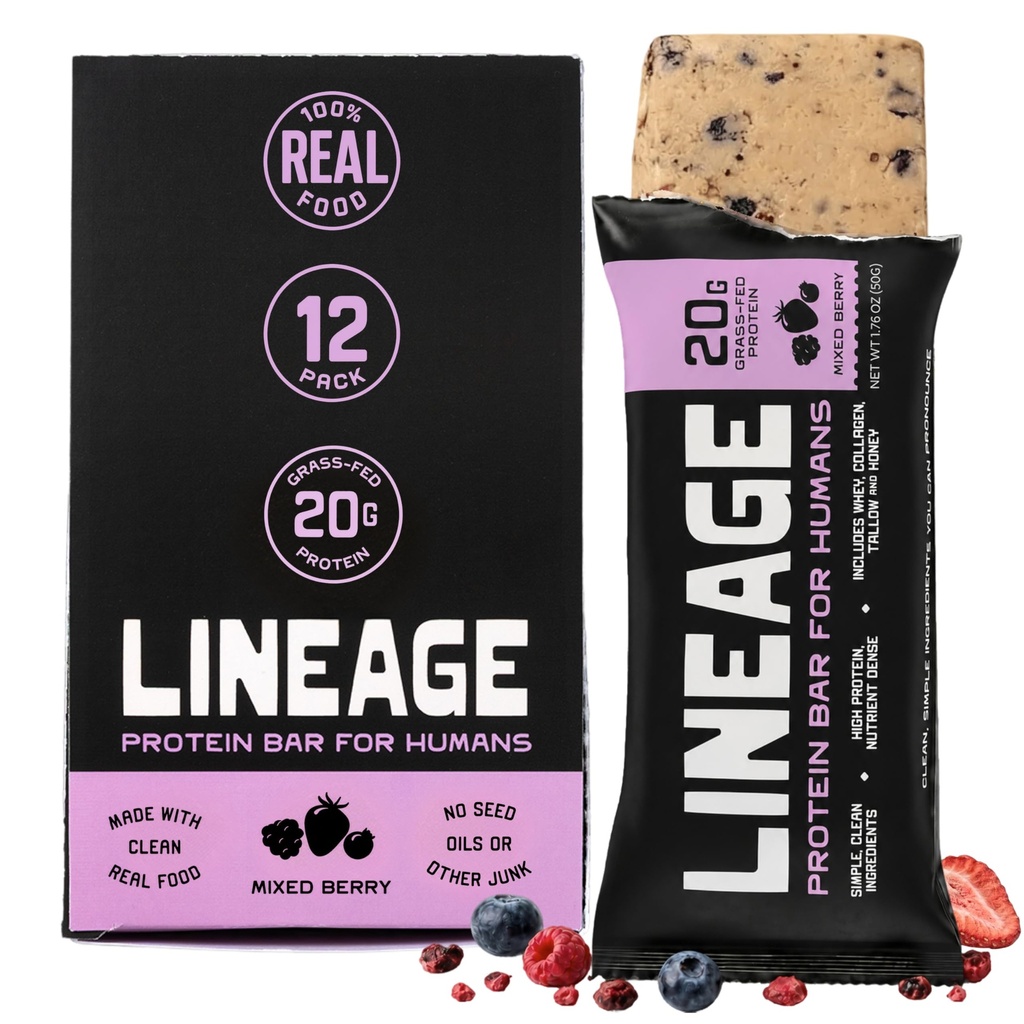 Lineage Provisions Protein Bar - Mixed Berry - 20g Grass Fed Whey Protein & Collagen - Gluten Free Snacks, No Seed Oils, Nothing Artificial - Sweetened with Raw Honey & Coconut Nectar - 12 Pack