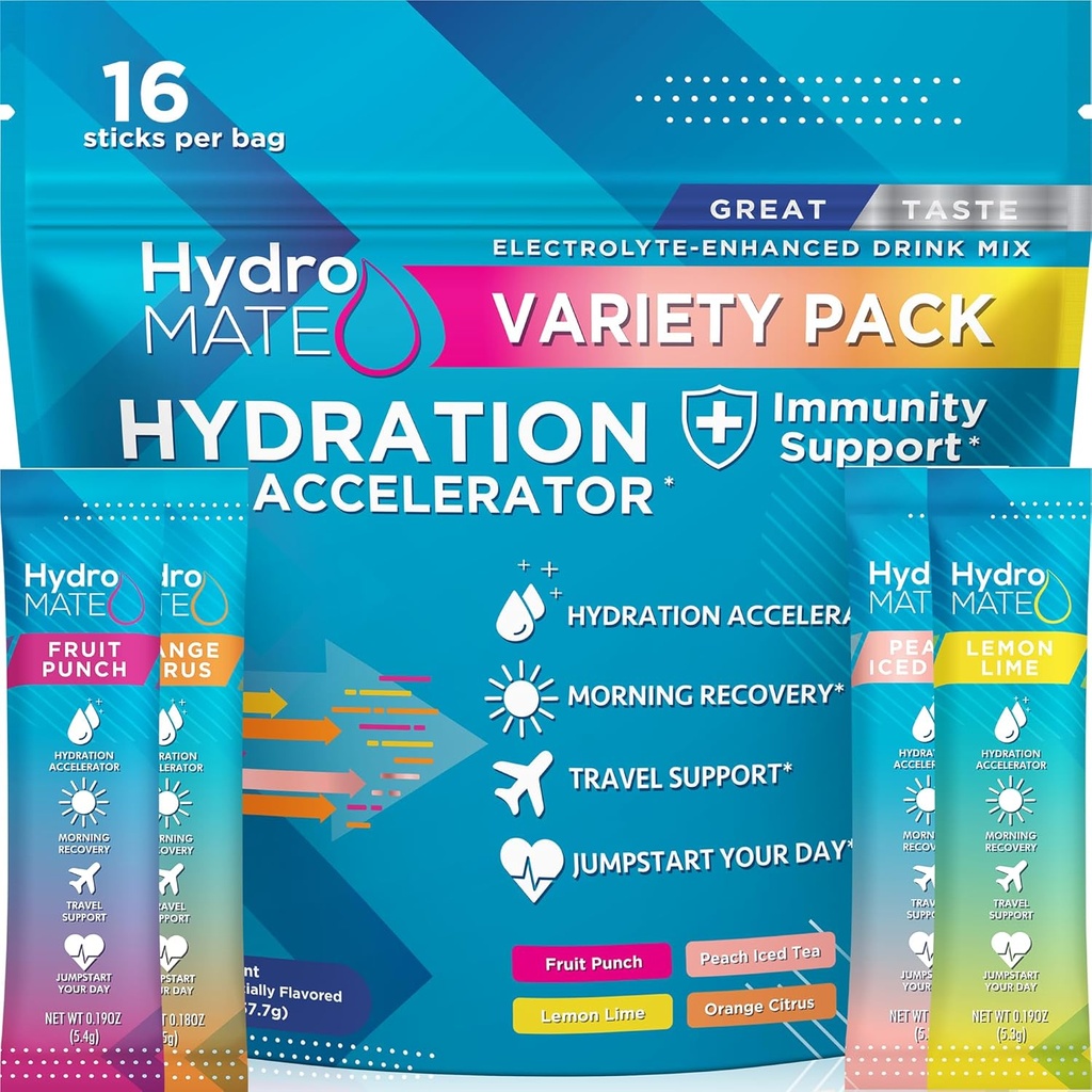 HydroMAT Electrolyte Powder Variety Pack Hydrationspakker Lavt sukker 16 Tælling