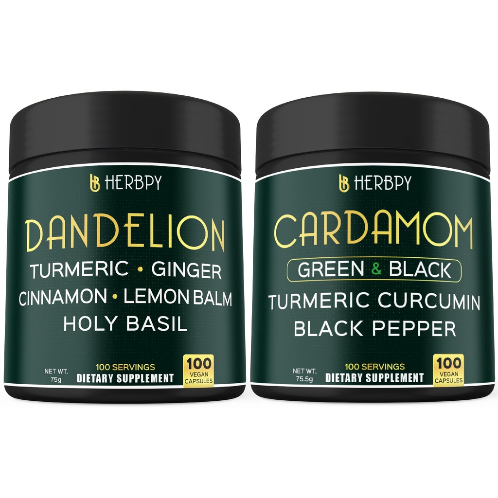 Herbpy Bundle 6in1 Dandelion Root Supplement 750mg/serving (100 Capsules) & 4in1 Black and Green Cardamom 755mg/serving (100 Capsules)