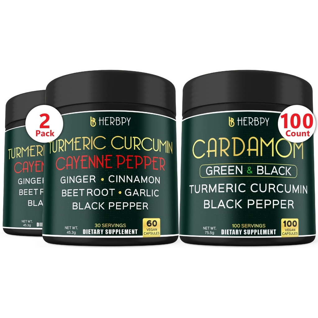 Herbpy Bundle 7in1 Turmeric Root 1510mg/serving (2pack60 for 60 Servings) & 4in1 Black and Green Cardamom 755mg/serving (100 Count 100 Servings)