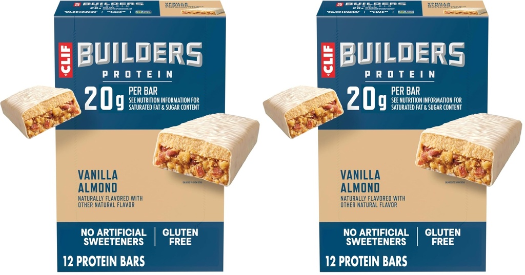 CLIF BUILDERS Protein Bars - Vanilla Almond Flavor - 20g Plant Based Protein - Gluten Free - Non-GMO - Low Glycemic - No Artificial Sweeteners - 2.4 oz. (Pack of 24)