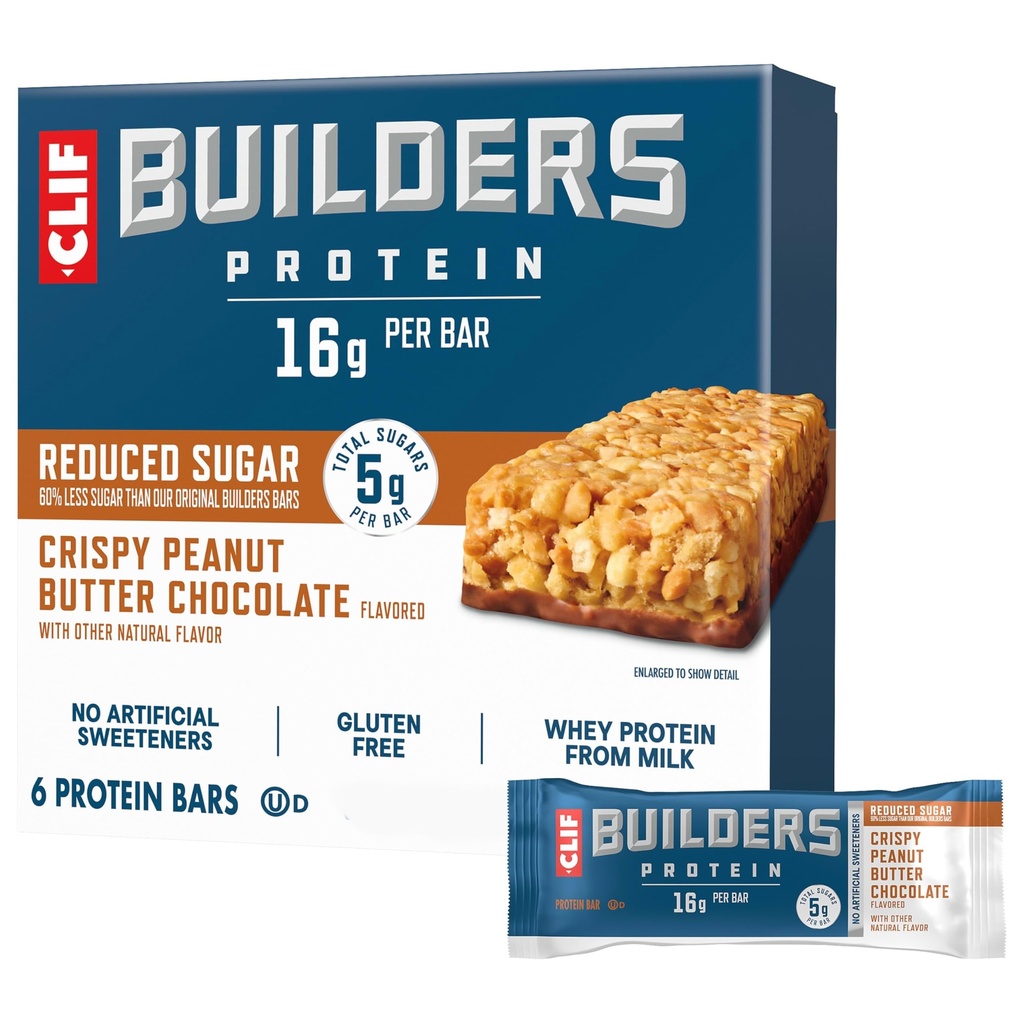 CLIF BUILDERS Protein Bars - Crispy Peanut Butter Chocolate Flavored - Reduced Sugar - Gluten Free - 16g Protein - No Artificial Sweeteners - 1.97 oz. (36 Pack)