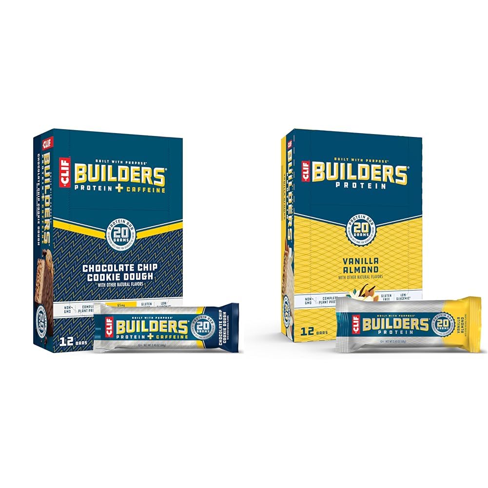 CLIFF Builders Protein Bars Bundle - Chocolate Chip Cookie Dough & Vanilla Almond Flavors - 20g Protein - Gluten-Free - 12 Count