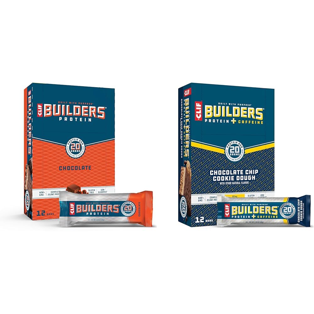 CLIF Builders - Chocolate Flavor - Protein Bars - Gluten-Free - Non-GMO - Low Glycemic & Chocolate Chip Cookie Dough Flavor - Protein Bars - Gluten-Free - Non-GMO - Low Glycemic