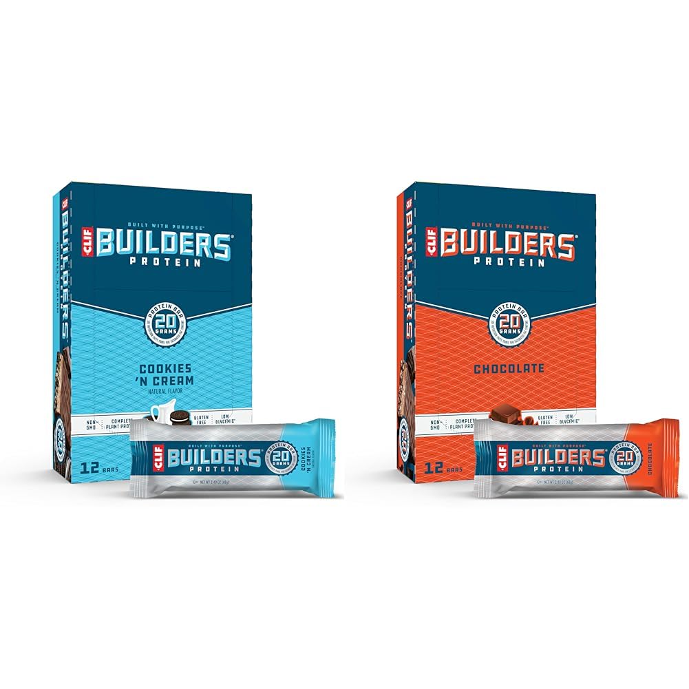 CLIFF Builders Protein Bars Bundle - Cookies 'n Cream & Chocolate Flavors - 20g Protein - 2.4 oz. (12 Count) Each