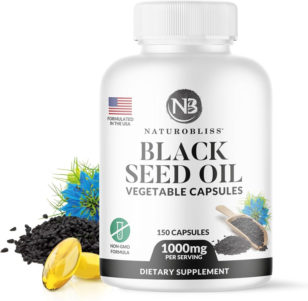 NaturoBliss Black Seed Oil - 150 Softgel kapsler Hud sundhed (non-GMO & Vegan) Premium Cold- presset Nigella Sativa producerer Pure Black Cumin Seed Oil - 1000mg Per 2 Capsule Servering - 75 Servering