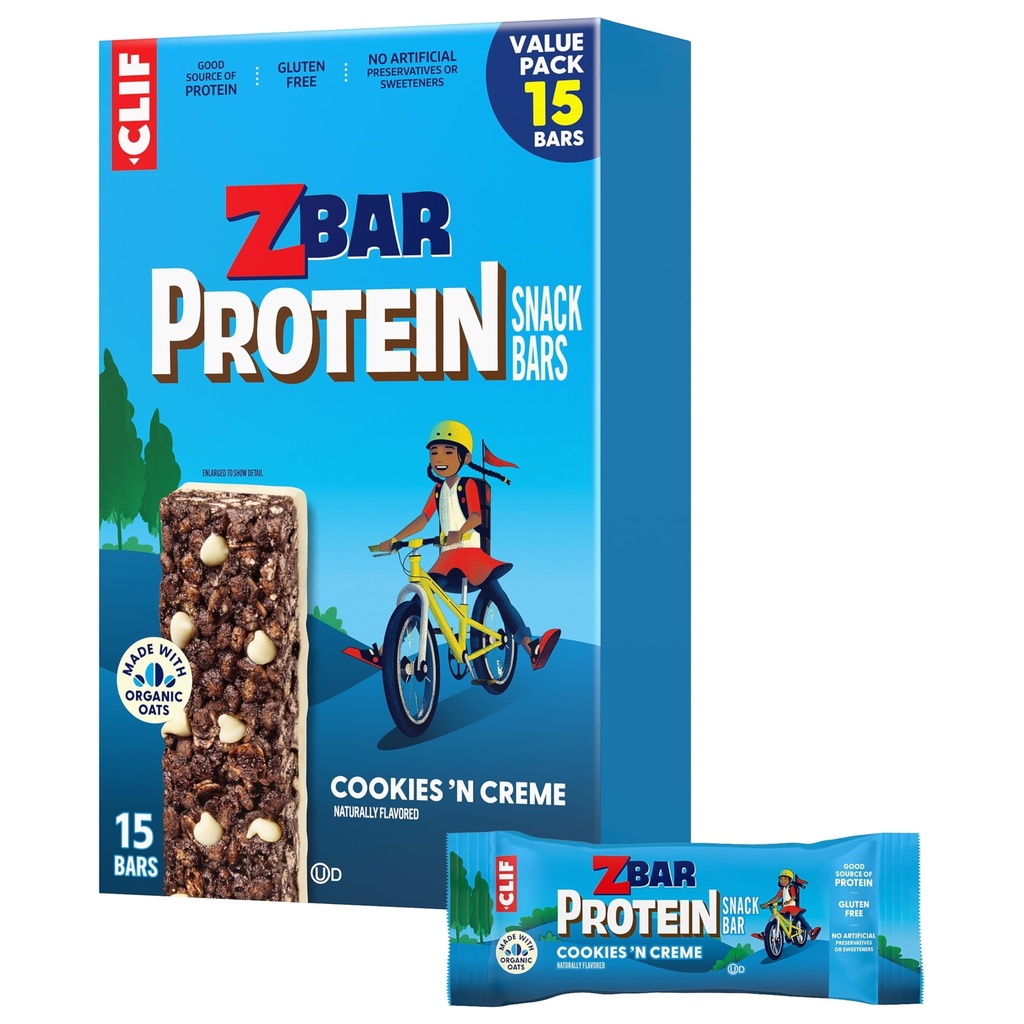 CLIF Kid Zbar Protein - Cookies 'N Creme - Crispy Snack Bars - Made with Organic Oats - Non-GMO - 5g - Gluten Free Protein Bars (15 Count) (Pack of 6)