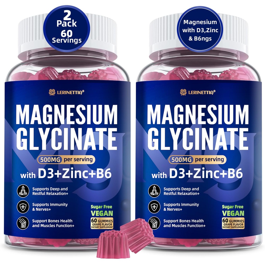 Magnesium Glycinat 500 mg / 250 mg for voksne Teens - Plus D3, B6 & Zink - Magnesium Glycinat Gummies, Høj Absorption - Støtte til afslapning, hjerne, ben og immunitet - Sukker fri - 120Cts