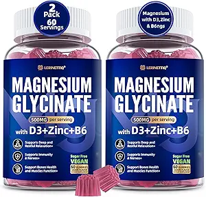 Magnesium Glycinate 500mg/250mg for Adults Teens - Plus D3,B6 & Zinc - Magnesium Glycinate Gummies,High Absorption - Support for Relaxation,Brain,Bone & Immunity Health - Sugar Free - 120Cts