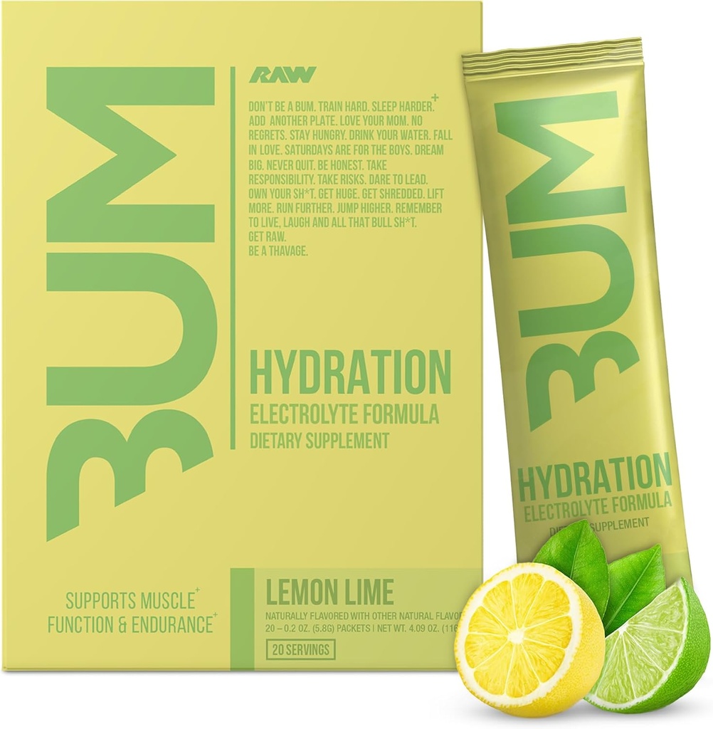 RAW Electrolytes Powder Hydration Drink Mix Pakninger, Bum Hydrate (Lemon Lime, 20 Servering) - Elektrolyte Hydration Pakninger understøtter muskelfunktion & Endurance - Keto Free Electrolytes Powder Pacets