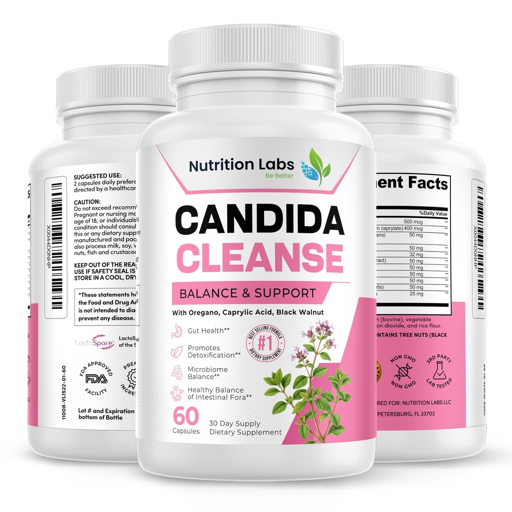 Candida Cleanse Supplement for Balance & Support, Candidase Detox, Kvinder & Mænd. Gut Health & Flora, pH-niveau, Intestinal Health. Lactospore ® Probiotika. Anti Yeast Overgrowth W / Oregano, Captain Acid