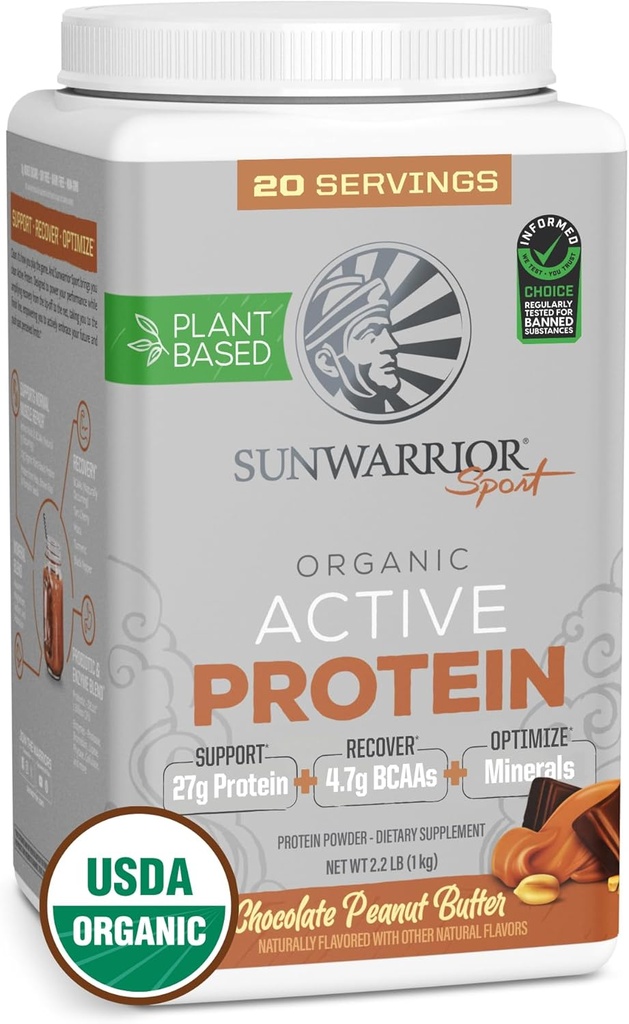 Sunwarrior Organic Plant Protein Powder 124; Vegan Organic Protein Powder with BCAAs Plus Recovery Minerals & Botanticals Б124; Non- GMO Soy Dairy & Gluten Free (Chocolate Peanut Butter, 20 Servere)