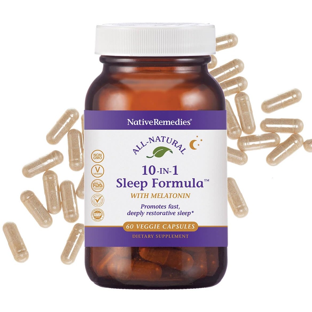 Indfødte retsmidler 10- in-1 Naturlig sovestøtte til voksne & børn 4 + - Urtesøvn supplement med Melatonin 5mg, Magnesium, Valerian Root, Kamille & L- Tryptophan - Ikke-Habit Danning, Vegan, 60 kapsler