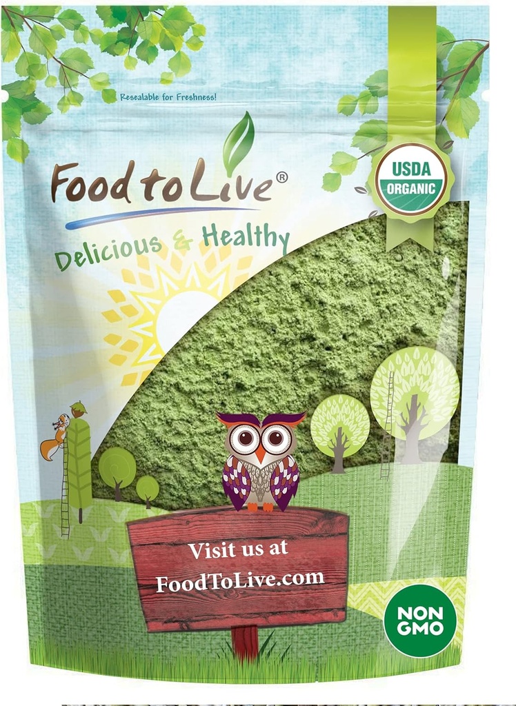 Food to Live Organic Wheatgrass Powder, 2 Pounds - Non-GMO, Whole- Leaf, Raw, Non-bestrålet, Pure, Vegan Superfood, Bulk, Great for Juice, Rich in Fiber, Chlorophyll, Fedtsyrer og mineraler