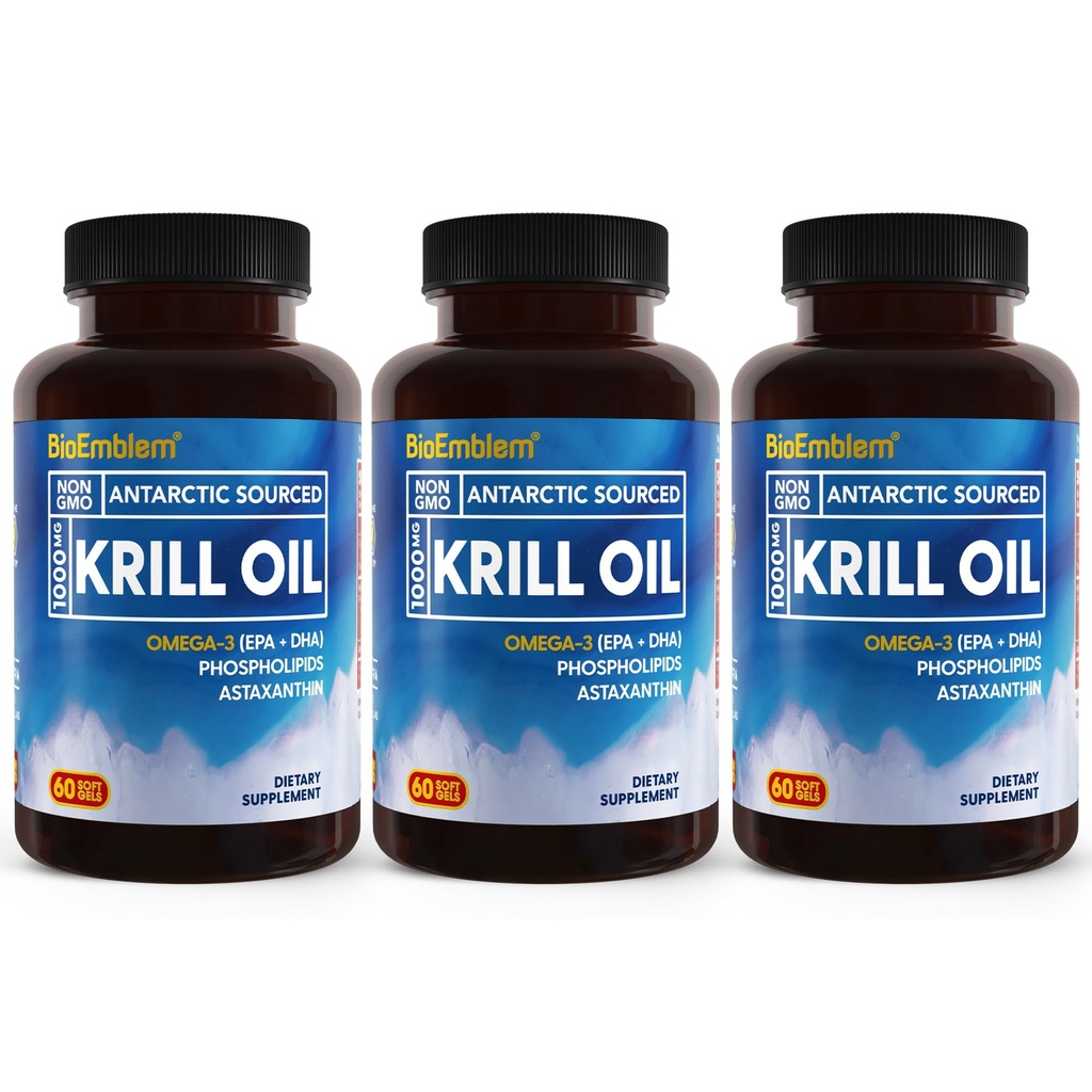 BioEmblem 3 Pack Antarktiske Krill Oil 1000mg Softgels, Omega- 3s Oil med høje niveauer af EPA + DHA, Astaxanthin, og Phospholipider, Understøtter Brain Health, 180-Greve Non- GMO, Gluten Free, 90 dages forsyning