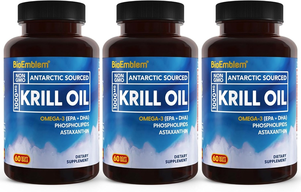 BioEmblem 3 Pack Antarktiske Krill Oil 1000mg Softgels, Omega- 3s Oil med høje niveauer af EPA + DHA, Astaxanthin, og Phospholipider, Understøtter Brain Health, 180-Greve Non- GMO, Gluten Free, 90 dages forsyning