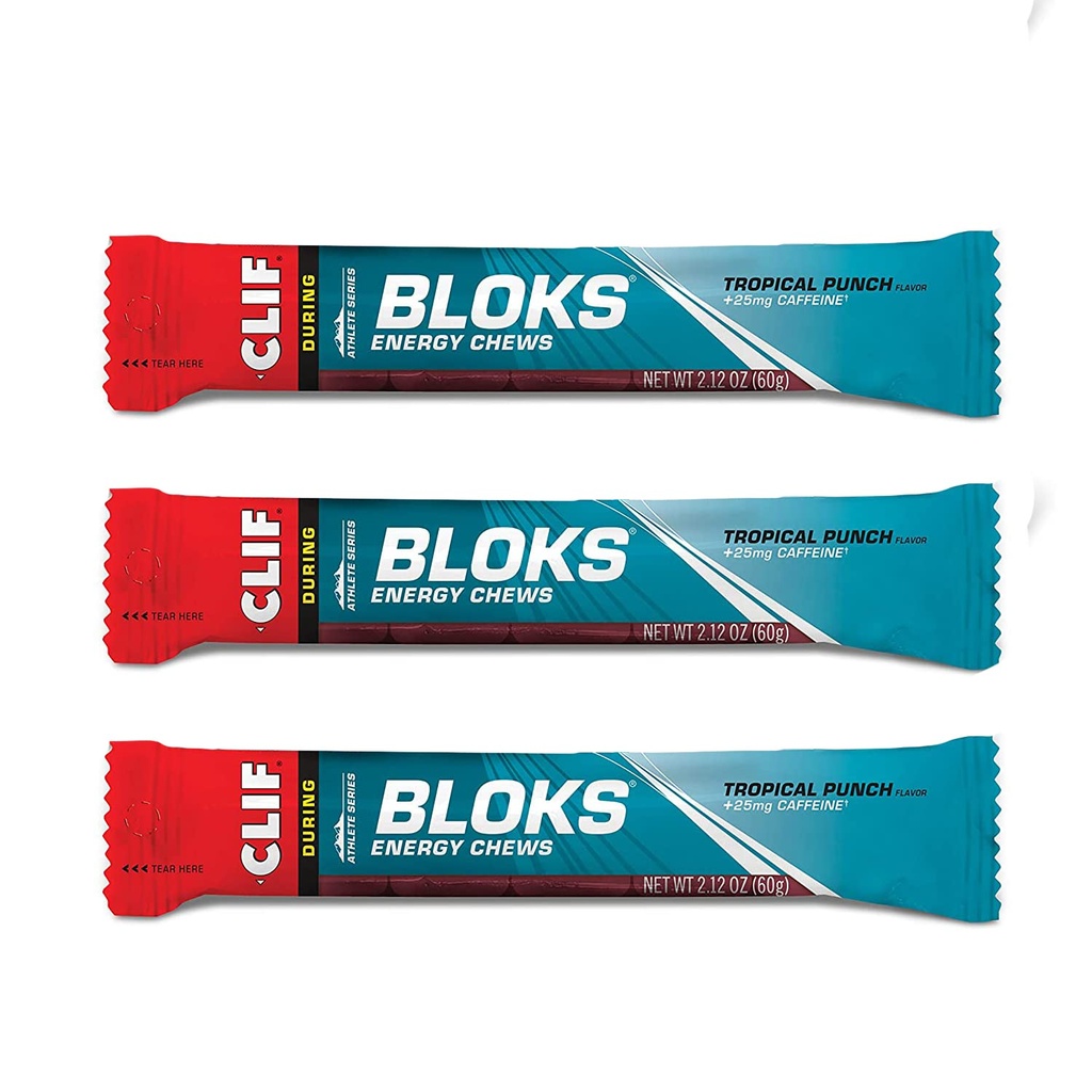 CLIF BLOKS - Energy Chews - Tropical Punch med 25 mg Coffein- Non- GMO - Plant Based Food - Fast Fuel til cykling og kørsel -Workout Snack (2.1 Ounce Packet, 3 Greve)