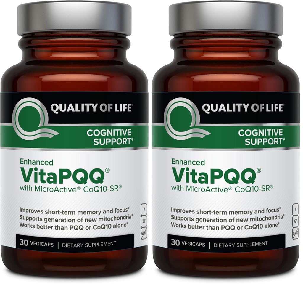Quality of Life VitaPQQ with MicroActive CoQ10-SR Premium Supplement - Anti Aging, Memory, Energy, Focus, Cognitive and Heart Health - 30 Vegicaps (Pack of 2)