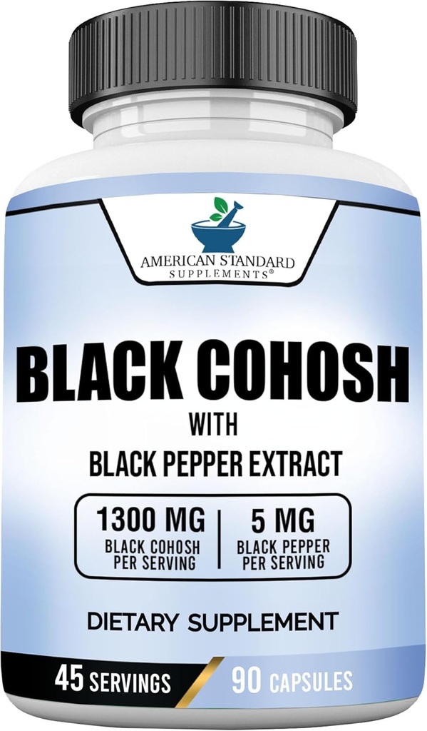 American Standard Supplements Black Cohosh 1300mg Per Servering med Black Pepper Fruit Extract - Vegan, Gluten Free, Non- GMO, 90 Kapsler, 45 Servere