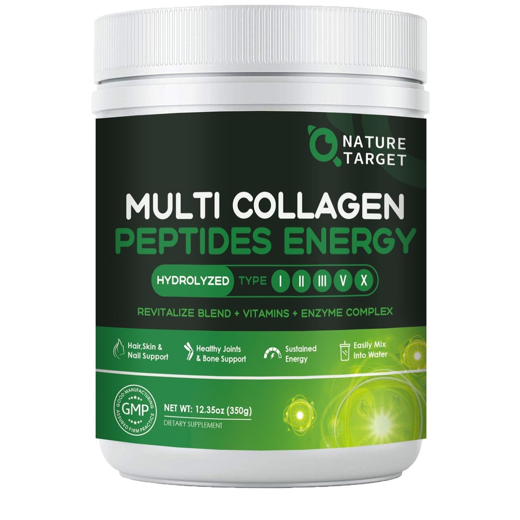 NATUR TARGET Multi- Collagen- Peptides- Powder - Hydrolyzed Collagen med Energy Blend + Multivitamin & Min, Understøtter Energy Skin Hår Nail & Fælles, Non- GMO, 35 Servering