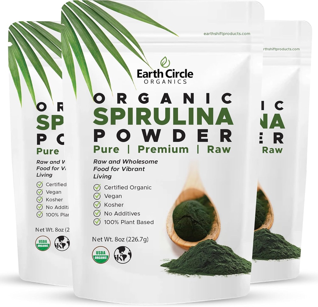 Earth Circle Organics Spirulina Powder, Kosher, Raw and Non- Bedied Medical 124; Pure Vegan Protein Medic124; Premium Energy Superfood, High Aminosyrer og Antioxidanter - (8oz - 3 Pack)