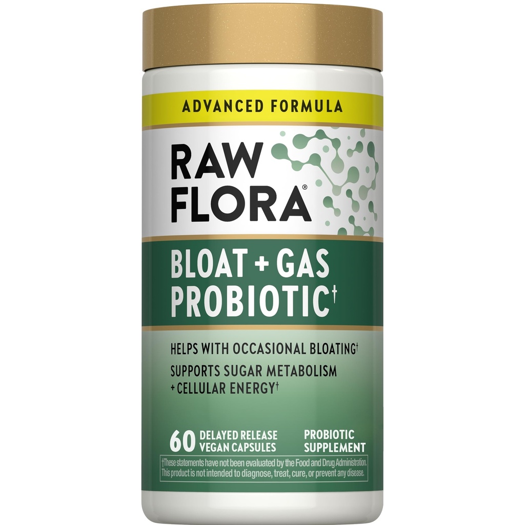 Raw Flora Bloat and Gas Probiotic for Women & Men | 60 Capsules | Vegan & Gluten Free Supplement