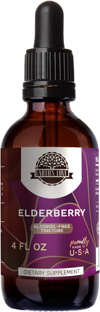 Jordens kærlighed - Elderberry Alkohol- Free Herbal Extract Tinktur, Super- Koncentreret Elderberry (Sambucus Nigra) Tørret Berry (4 Fl Oz)