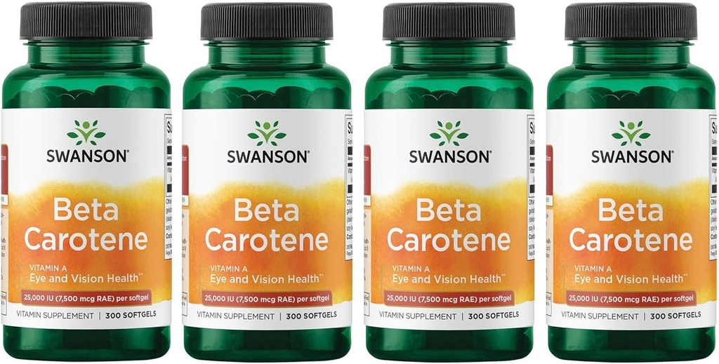 Swanson Beta- Caroten Vitamin A 25000 IE Softgels - Hud, øje og immunsystem Sundhed - Antioxidant Support - 7500 mcg (300 Softgels) (4 Pack)