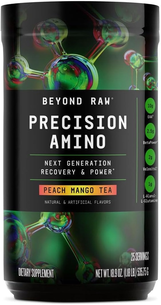 BEYOND RAW Precision Amino, Inddrivelse & Power Aminosyre Formel, Brændstof Muskler, Forengelse Hydrering, Peach Mango Tea, 25 Servering
