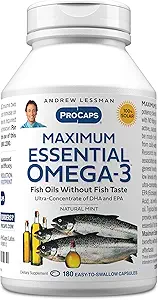 ANDREW LESSMAN Maximum Essential Omega-3 Mint - 180 Softgels - Ultra-Pure, High Potence Omega-3 Olies. Høj DHA, ingen stomach, ingen kontaminanter, ingen kviksølv. Lille let at synke bløddele