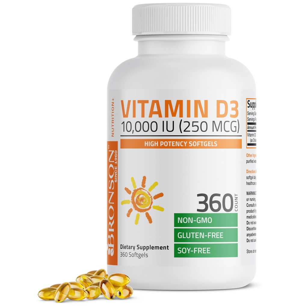 Bronson vitamin D3 10. 000 IE (250 mcg) Høj potens - understøtter sundt immunsystem, stærke knogler, muskler og tænder - ikke GMO, 360 Softgels