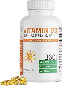 Bronson vitamin D3 10. 000 IE (250 mcg) Høj potens - understøtter sundt immunsystem, stærke knogler, muskler og tænder - ikke GMO, 360 softgels (1 års forsyning)