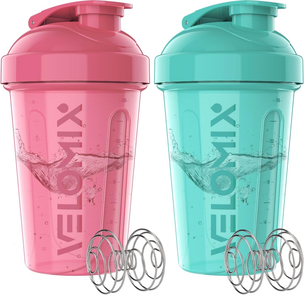 VELOMIX -2 Pack- 20 oz Protein Shaker Flasker til Protein Mixes - 2x Wire Whisk - 124; Læbe Bevis Shaker Cups til Protein Shakes og Pre Workout Buddy 124; Protein Shaker Flaske Pack (Pink / Turkis)