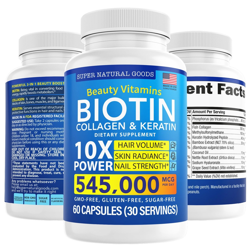 Biotin og kollagen vitaminer + Keratin med Folate - Hårtab behandlinger for kvinder & mænd - Follicle, hud og negle Kosttilskud til hårvækst & postpartum support - GMO Free & Gluten Free (60 Caps)