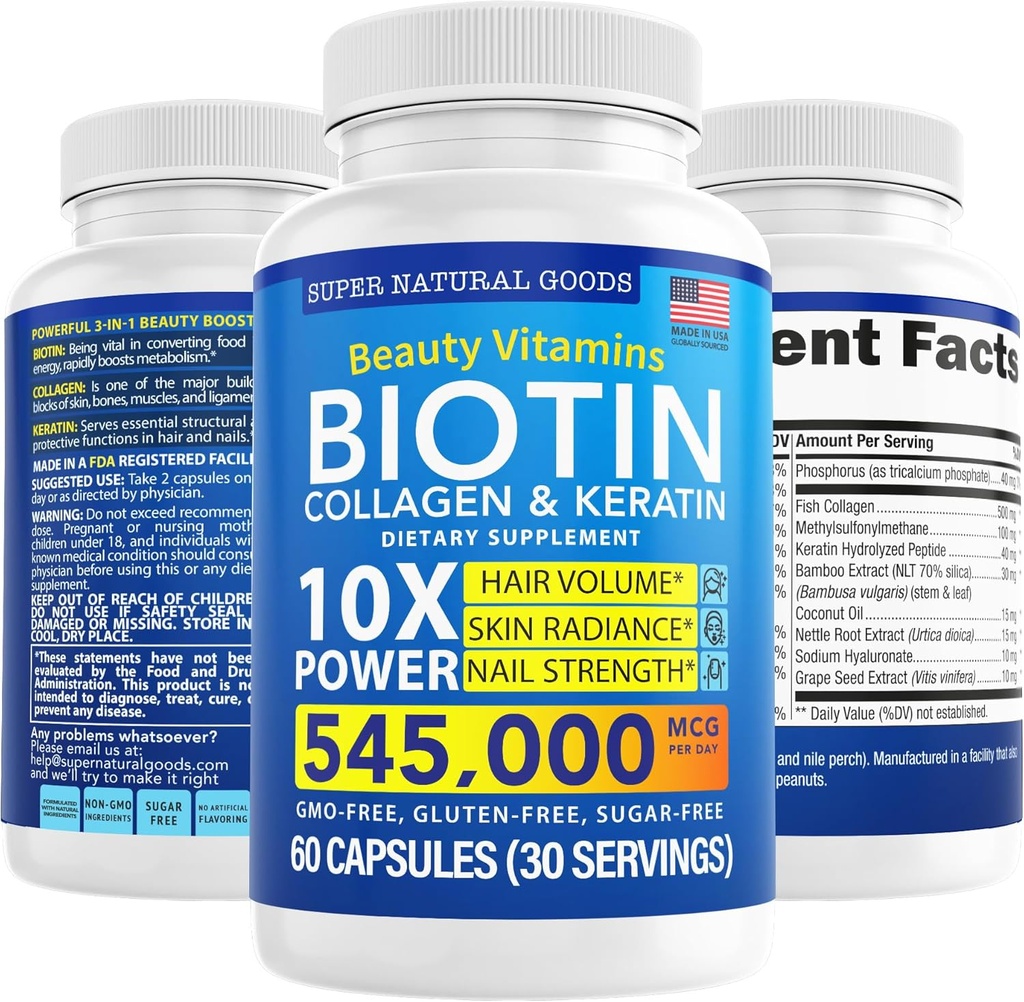 Biotin og kollagen vitaminer + Keratin med Folate - Hårtab behandlinger for kvinder & mænd - Follicle, hud og negle Kosttilskud til hårvækst & postpartum support - GMO Free & Gluten Free (60 Caps)