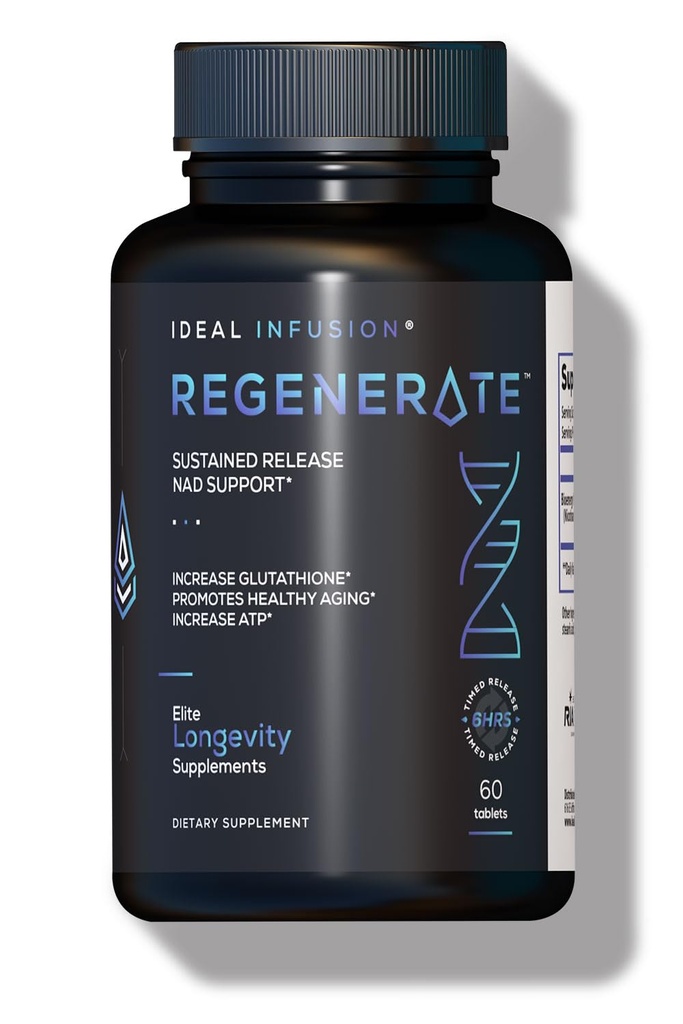 Regenerate Sustained Release Supplement for NAD & NR Biosyntesen, Boost ATP, NAD +, Glutathione: Cardiovaskulær Sundhed & Muscle Vitality (60 Servere) Vegan