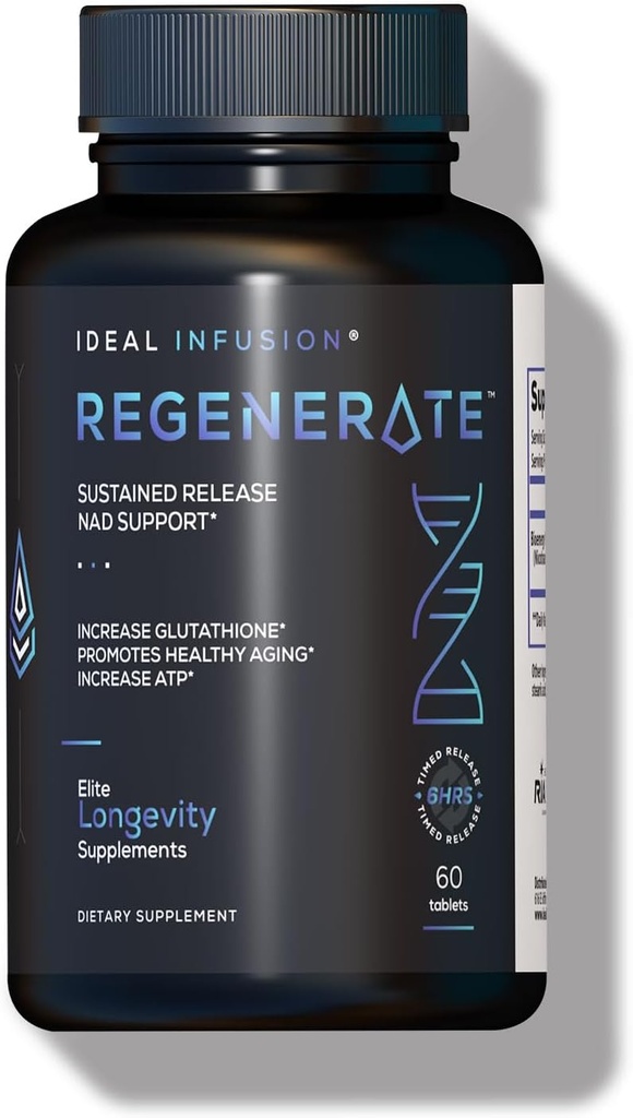 Regenerate Sustained Release Supplement for NAD & NR Biosyntesen, Boost ATP, NAD +, Glutathione: Cardiovaskulær Sundhed & Muscle Vitality (60 Servere) Vegan