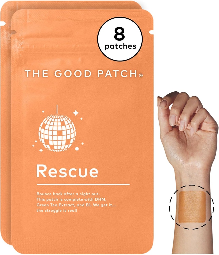 The Good Patch Rescue Recovery Patch, Natural Patch with DHM, Vitamin B1, and Green Tea, Plant-Powered Wearable Wellness, Support After a Night Out (8 Total Patches)